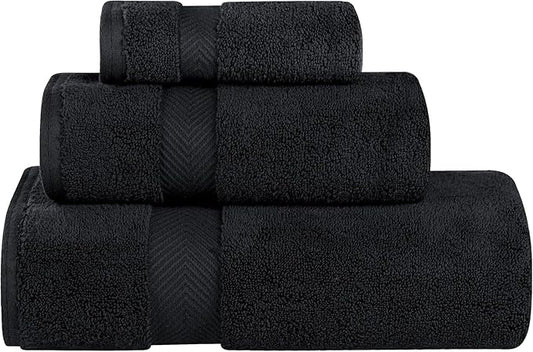 Superior Zero Twist 100% Cotton Towel Set, 3-Piece Set, Extra Soft Bath Towel, Face Towel and Hand Towel, Long-Staple Cotton Towels, Black