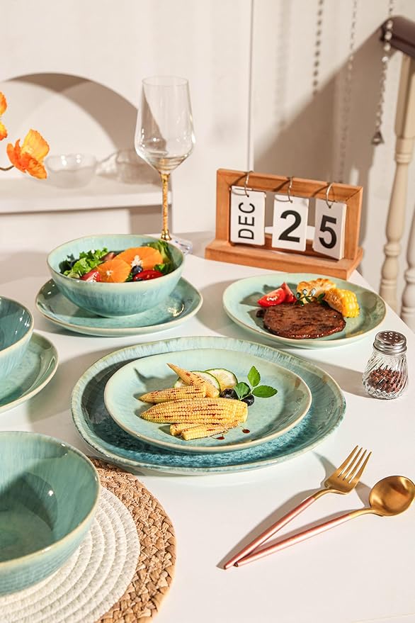 Decosignature Modern Plates and Bowls Sets 12-Piece Ceramic Dinnerware Set for 4 Blue Kitchen Plates and Bowls Microwave Dishwasher and Oven Safe Stackable Tableware Dinnerware Sets for Everyday Use