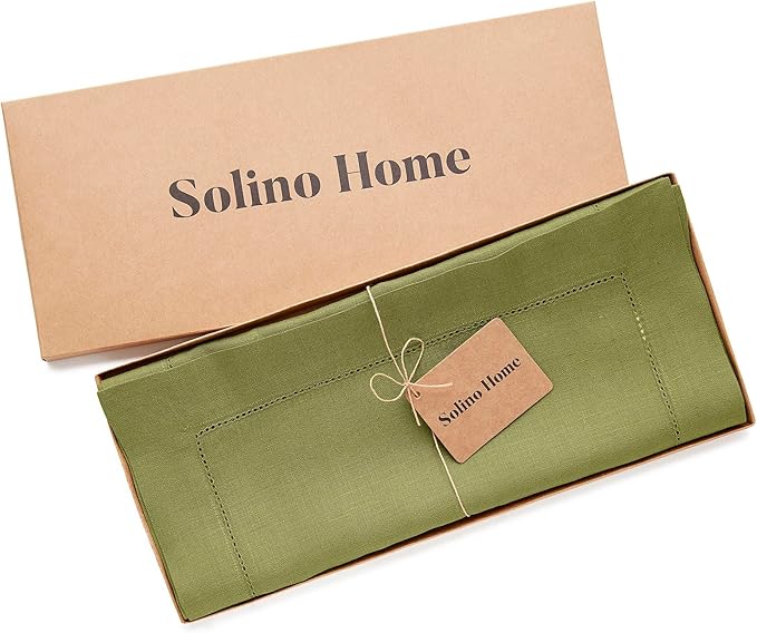 Solino Home Linen Hemstitch Table Runner 36 Inches - 100% Pure Linen Avocado Green Table Runner 14 x 36 Inch Ideal for Dresser and Coffee Tables - Winter - Classic Hemstitch
