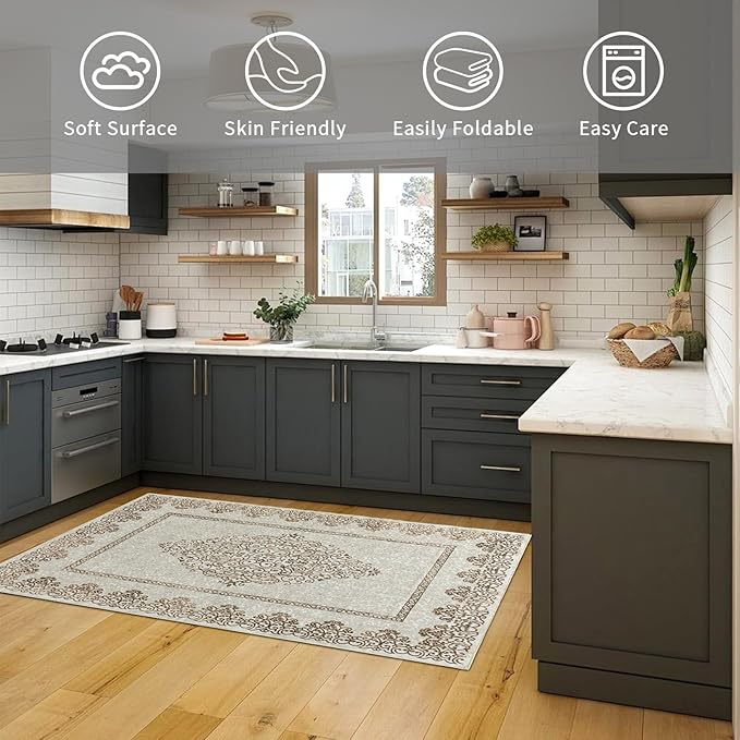 Easy-Going Boho Neutral Area Rug 3x5 Entryway Rug Washable Inside Door Mats for Home Entrance Non-Slip Floral Brown Small Rugs for Entry Living Room Bedroom Kitchen Bathroom Office Lightweight Carpet