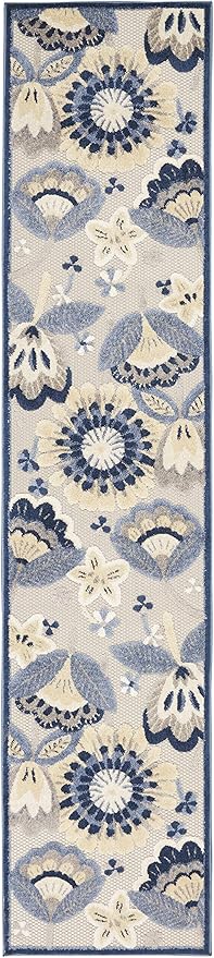 Nourison Aloha Indoor/Outdoor Blue/Grey 2'3" x 10' Area Rug, Easy Cleaning, Non Shedding, Bed Room, Living Room, Dining Room, Backyard, Deck, Patio (2x10)
