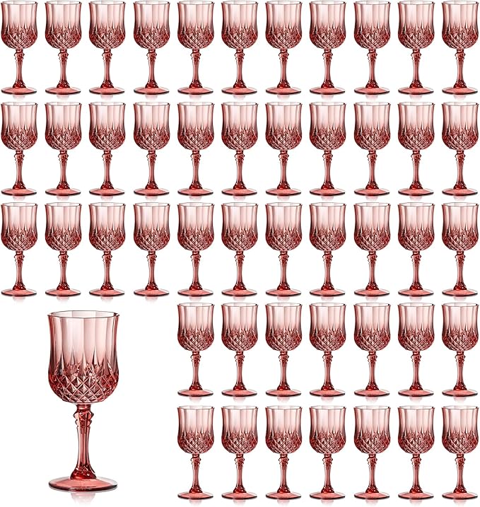XUWAIDSGN 48 Pcs 7oz Plastic Vintage Wine Glasses Drinking Glasses Unbreakable Wedding Glassware Crystal Water Goblets Reusable Drinkware Vintage Champagne Flutes (48, Rose Gold)