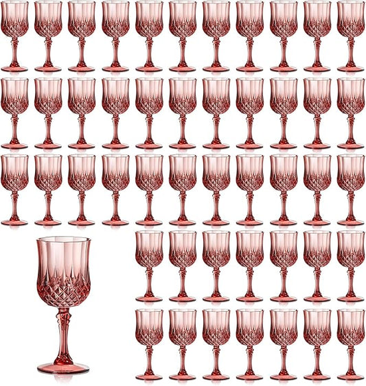XUWAIDSGN 48 Pcs 7oz Plastic Vintage Wine Glasses Drinking Glasses Unbreakable Wedding Glassware Crystal Water Goblets Reusable Drinkware Vintage Champagne Flutes (48, Rose Gold)