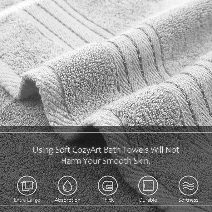 COZYART Silver Grey Bath Towels for Bathroom 2 Pcs, 27x54 Cotton Towel Set Super Soft Highly Absorbent Durable 650 GSM Shower Towels for Daily Use