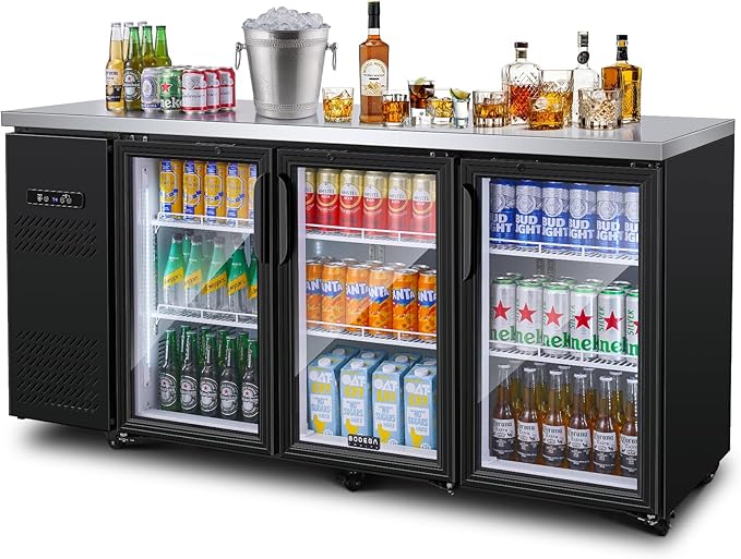 BODEGA BODEGACOOLER Commercial Bar Cooler with 3 Glass Doors, 20.5 Cu.Ft Back Bar Beverage Refrigerator for Beer Soda Wine,LED Lighting With Stainless Steel Top,Casters Kitchen Buffet Table Use