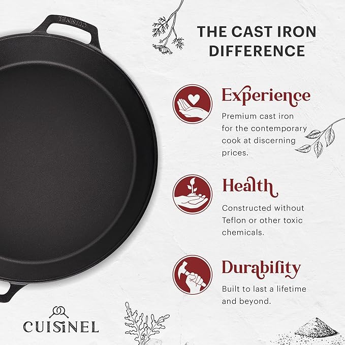 Cuisinel 15" Large Cast Iron Skillet + Glass Lid + Black Chainmail Scrubber - Dual Handle Braiser Frying Pan + Silicone Handle Covers - Pre-Seasoned Oven, Grill, Stovetop, Fire Indoor/Outdoor Cookware