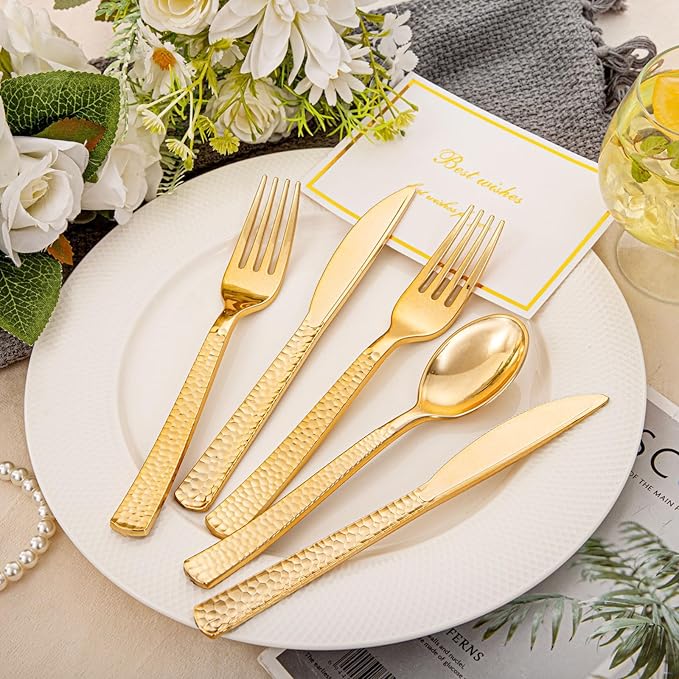 KIRE 400PCS Gold Plastic Silverware - Extra Heavy Duty Hammered Silverware Disposable Set, Gold Utensils Set Include 200 Forks,100 Knives,100 Spoons for Thanksgiving Party, Wedding