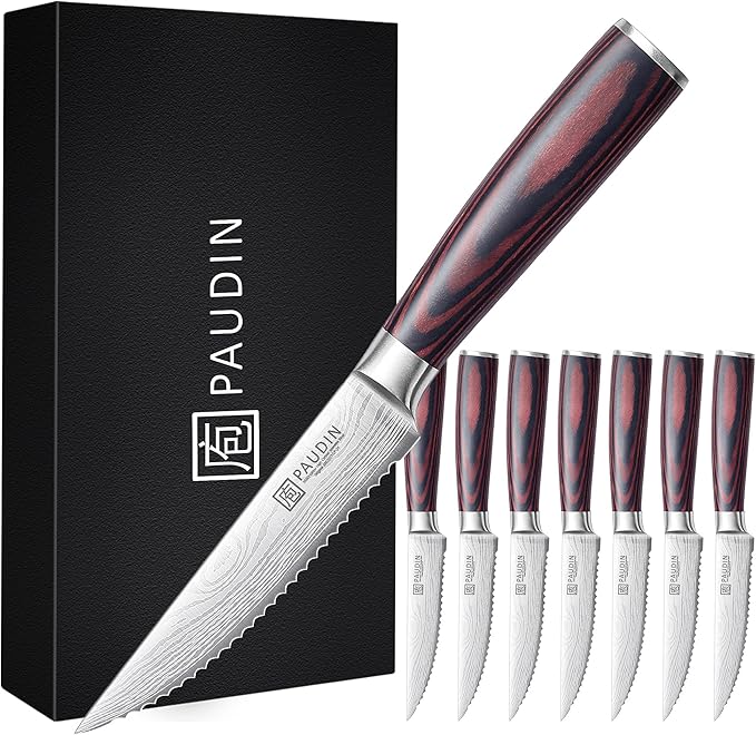 PAUDIN Steak Knives 4.5 Inch, Steak knives Set of 8, High Carbon Stainless Steel Steak Knife Set, Sharp Serrated Steak Knife with Pakkawood Handle, Kitchen Steak Knives with Gift Box