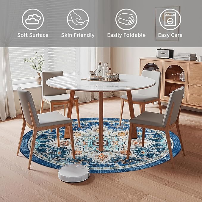 Easy-Going Round Area Rug 3ft Washable Boho Small Circle Rugs for Living Room Non-Slip Bedroom Rug Low Pile Lightweight Tangerine Vintage Throw Rug for Dining Room Kitchen Office, Floral Aqua Yellow