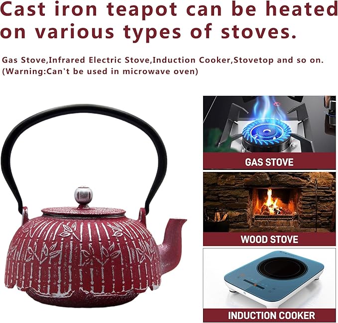 Tea Kettle, Japanese Cast Iron Teapot with Stainless Steel Infuser, Cast Iron Tea Kettle, Durable Teapot Coated with Enameled Interior (40.6oz Burgundy Bamboo Leaf Pattern)