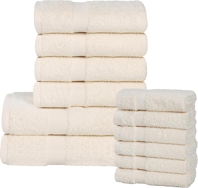 Superior 12-Piece Cotton Assorted Towel Set, Includes 6 Face/Washcloths, 4 Hand, and 2 Bath Towels, Lightweight Essentials, for Home, Gym, Beach, Bathroom, Quick Drying, Franklin Collection, Ivory