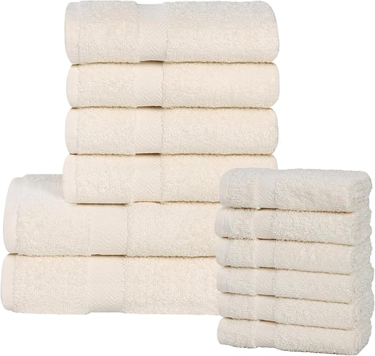 Superior 12-Piece Cotton Assorted Towel Set, Includes 6 Face/Washcloths, 4 Hand, and 2 Bath Towels, Lightweight Essentials, for Home, Gym, Beach, Bathroom, Quick Drying, Franklin Collection, Ivory