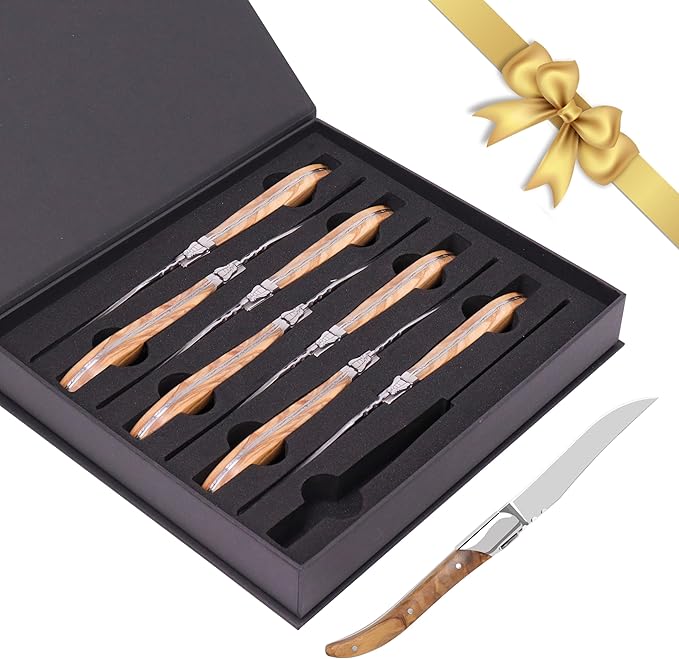 Laguiole Style Steak Knife Set of 8, Non-serrated Steak Knife Set with Olive Wood Handle, Sharp Stainless Steel Steak Knives with Gift Box, Dinner Cutlery Set for Home Party