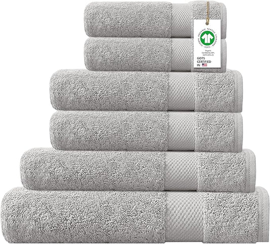 Delara 100% Organic Cotton Towels 650 GSM Plush Feather Touch Quick Dry Towel, 6-Piece Towel Set GOTS Certified, Oeko-Tex Green Certified, 1 Bath Towel, 1 Bath Sheet, 2 Hand Towels & 2 Wash Cloths