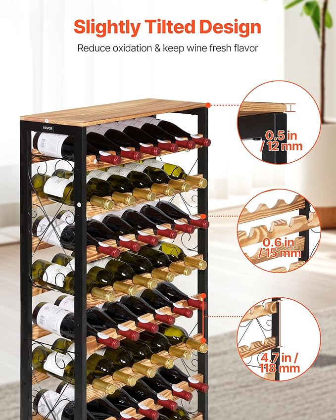 VEVOR 48 Bottle Wine Rack,8-Tier Wine Bottle Holder,Freestanding Floor Display Wine Storage Shelves with Wood Table Top,for Kitchen Pantry, Cellar, Bar, Dining Room, Living Room, Black