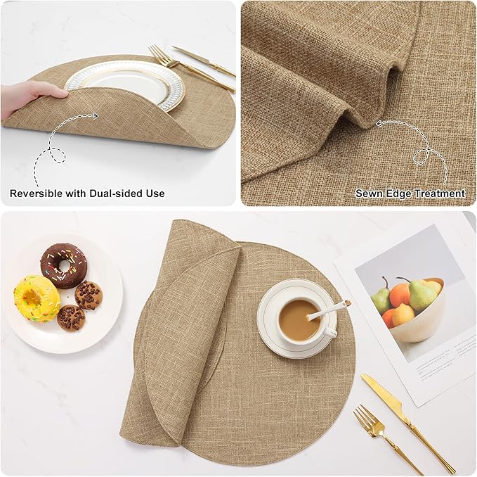 homing 15 Inch Round Cloth Placemats Set of 6, Cotton Linen Blend Washable Table Mats, Farmhouse Dining Place Mats for Indoors & Outdoors, Easy to Clean, Linen