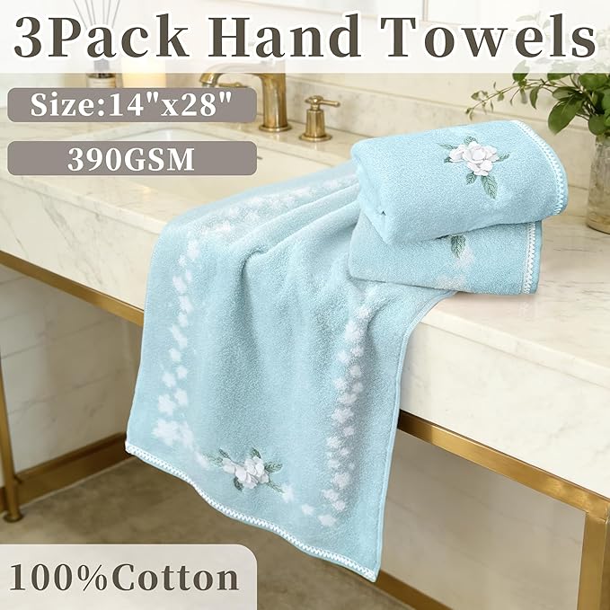 VOOVA & MOVAS Blue Hand Towels Set (3PC, 14"x28") - 100% Cotton | Quick Dry | Soft | Absorbent, Light Weight Hand Towels for Showering & Bathroom, Flower Towel Set for Guest, Blue
