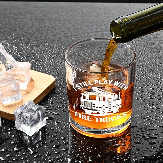 Futtumy Firefighter Gifts for Men, I Still Play With Trucks Whiskey Glass, Fireman Retirement Gifts, Funny Birthday Father's Day Christmas Gift for Firefighter Fireman, 10 Oz Old Fashioned Glass