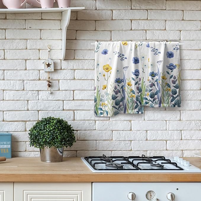 Blue Yellow Floral Hand Towels 2 PCS，Watercolor Poppy Flowers Botanical Leaves Kitchen Dish Towel Spring Summer Decor Washcloth for Bathroom Home Spa Gift 14.4 x 28.3 Inch