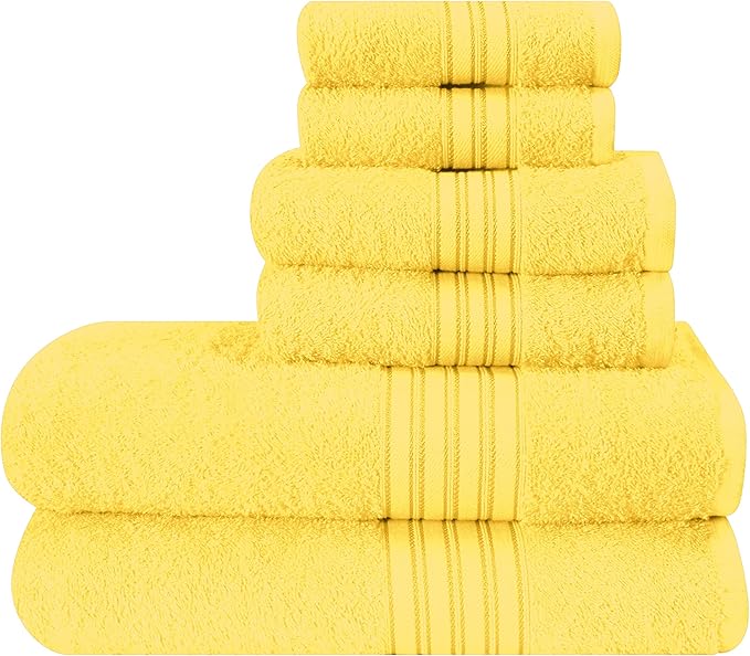 BOUTIQUO 6 Pack Cotton Towel Set, Contains 2 Bath Towels 28x55 inch, 2 Hand Towels 16x24 inch & 2 Wash Coths 12x12 inch, Ideal Everyday use, Ultra Soft Compact & Lightweight - Lime Yellow