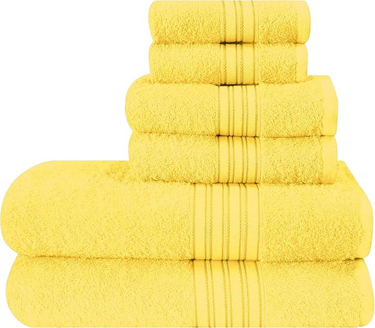 BOUTIQUO 6 Pack Cotton Towel Set, Contains 2 Bath Towels 28x55 inch, 2 Hand Towels 16x24 inch & 2 Wash Coths 12x12 inch, Ideal Everyday use, Ultra Soft Compact & Lightweight - Lime Yellow