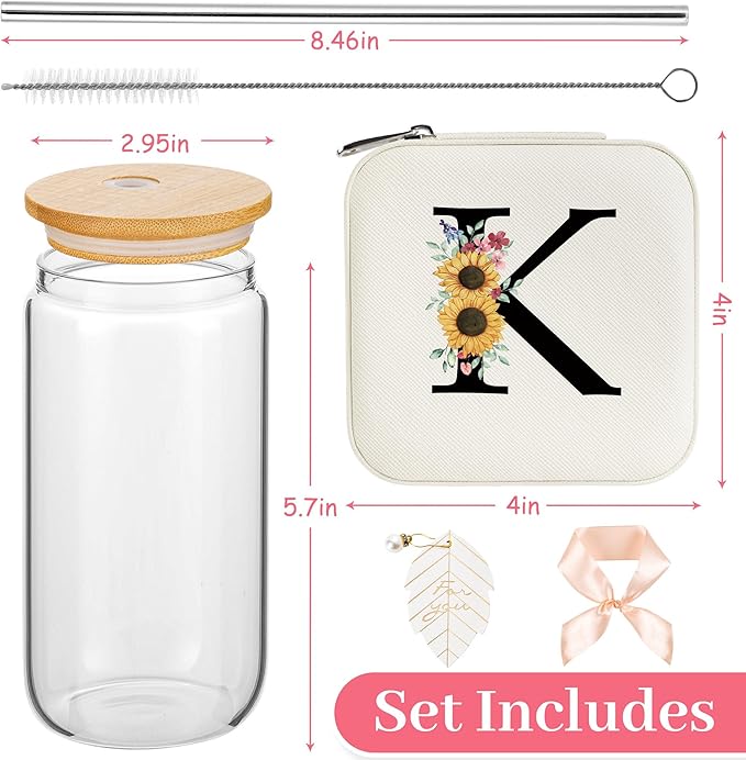 AYGXU Bridesmaid proposal gifts,16oz glass cups with bamboo lid,Travel Jewelry Organizer,Bridesmaid Gifts for Women,Wedding Travel Essentials Small Jewelry Box,Initial K white