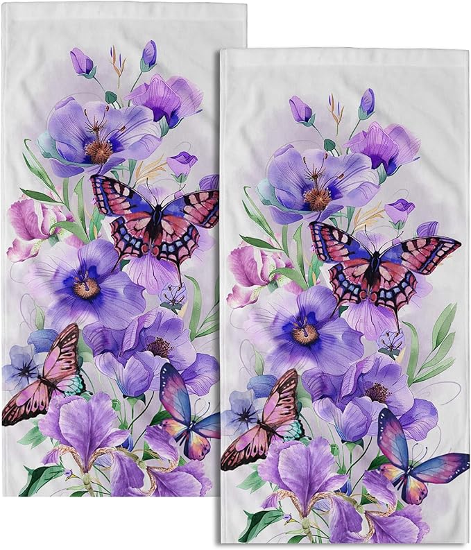 Imiss Purple Floral Butterfly Hand Face Towel 14.4 x 28.3 Inch Set of 2 Watercolor Botanical Plant Leaves Decor Bathroom Fingertip Multipurpose Towels for Home Hotel Gym Spa