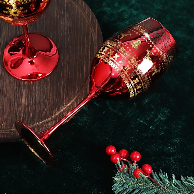 Joeyan Christmas Wine Glasses with Stem, 19.5 oz Large Burgundy Wine Glasses, Red Handmade Wine Glass Tumblers, Xmas Tree Elk and Snowflake Patterned, Set of 2, Great for Christmas and Gifts