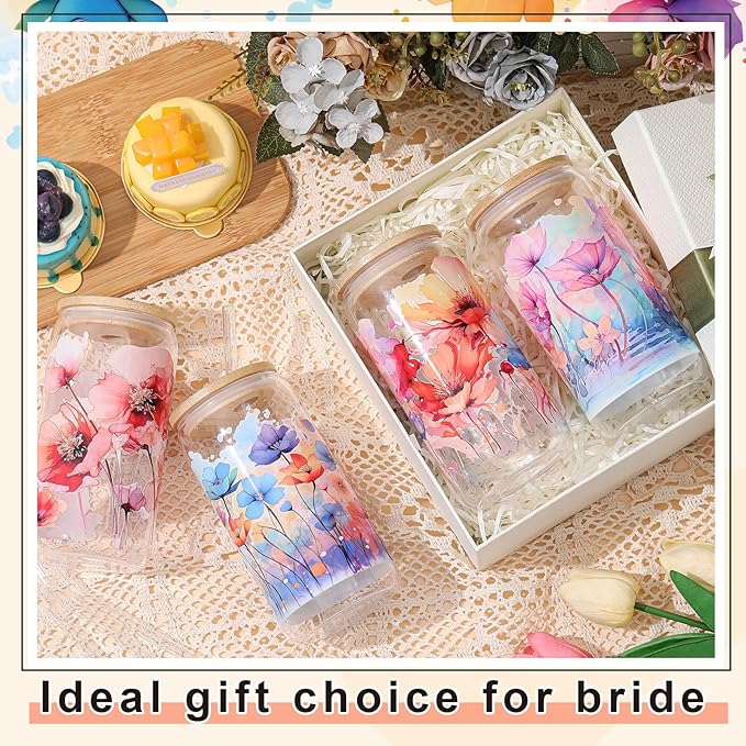 Mumufy 4 Pack 16 oz Watercolor Floral Glass Tumbler with Bamboo Lid & Straw, Colorful Garden Flower Iced Coffee Mug, Reusable Aesthetic Drinkware, Christmas/mother's Day/birthday Gift for Mom Sister