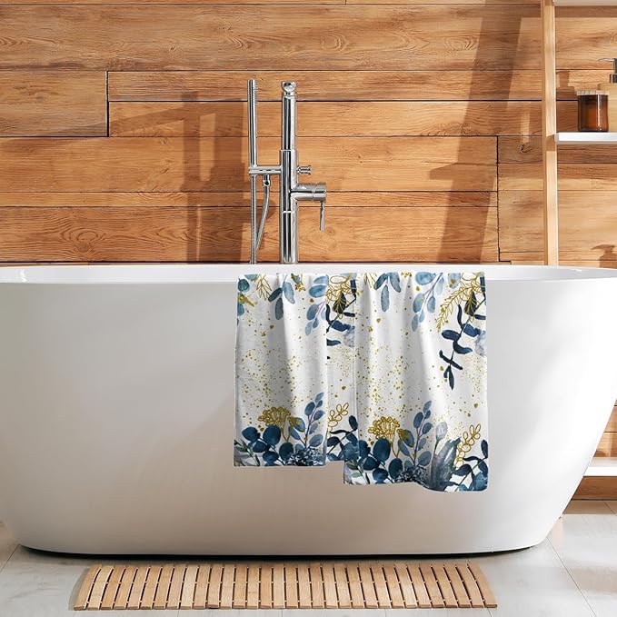 Imiss Navy Blue Eucalyptus Leaves Bathroom Towels 2Pcs, Watercolor Botanical Nature Plant Hand Fingertip Towel 14.4 x 28.3 Inch Multipurpose Kitchen Dish Cloth for Home Spa Yoga Sport Hotel