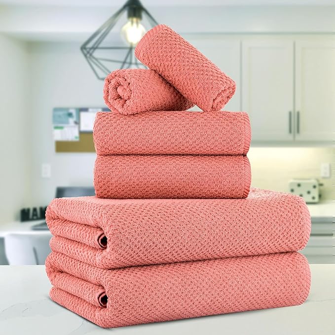 CASA COPENHAGEN Popcorn 6 Pieces Towel Set- Malibu Peach, 600 GSM 2 Bath Towel 2 Hand Towel 2 Washcloth, Designed in Denmark Made of Soft Egyptian Cotton for Bathroom, Kitchen & Shower