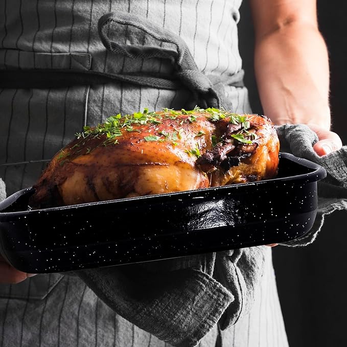 3-Pack Turkey Roasting Pans for Ovens Cake Roaster Pan Set Deep Lasagna Baking Pan,17/15/13Inch Spotted Enamel Steel Vessel Used for Dinners Cooking Safe Easy to Clean Bakeware Merry Christmas Gift