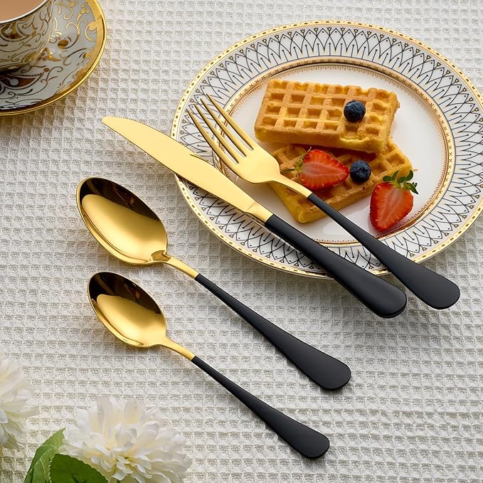 20 Piece Gold and Black 18/0 Flatware Utensil Set for 4, Include Dinner Knife,Dinner Forks,Dinner Spoons,Salad Forks,Teaspoons,Silverware Set for 4, Dishwasher Safe