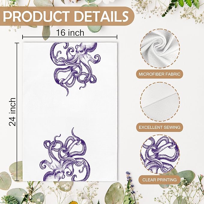 Coastal Octopus Halloween Decor Dish Hand Tea Towels for Bathroom Kitchen, Octopus Ocean Cryptid Spooky Home Bathroom Decor, Coastal Nautical Kitchen Towels and Dishcloths Sets of 2, 16x24 In