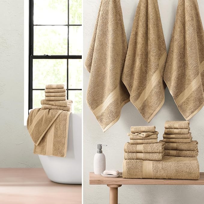Lane Linen 100% Cotton Towel Set for Bathroom - 24 PCs - Durable, Soft, Quick Dry & Absorbent Towels - 2 Bath Sheet, 4 Fingertip, 8 Washcloths, 4 Bath & 6 Hand Towels for Bathroom - Family Set - Beige