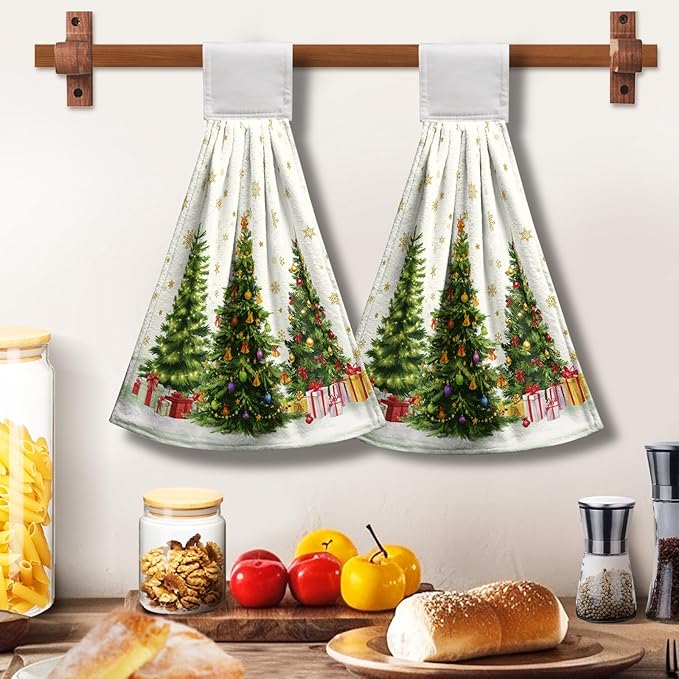 Xmas Tree Hanging Kitchen Towels Winter Holiday Hand Tie Towel Snowflakes Dish Towels with Loop Soft Absorbent Dishcloth for Bathroom Kitchen