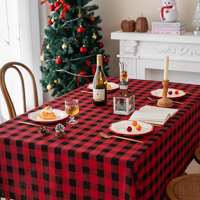 Gingham Christmas Tablecloth Heavy Duty Cotton Blend Red 60x102 inch Plaid Christmas Table Cloth Reusable Waterproof Foldable Tablecloths Xmas Table Cover for New Year Party Decor