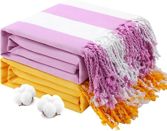 2 PacksOversized Cotton Turkish Beach Towels 74"x38" Thin Quick Dry Sand Free Pool Swim Bathing Towel Extra Large Blanket Adult Travel Essentials Accessories Summer Vacation Purple Yellow Stripe