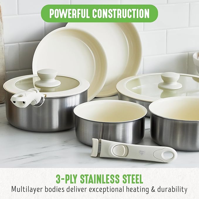 GreenLife Stainless Steel Nonstick 10 Piece Cookware Set, Detachable Handle, Induction Ready, Stackable Kitchen Set, Tri Ply Ceramic PFAS Free Pots & Pans, Space Saving, Oven Safe, Glass Lid, Silver