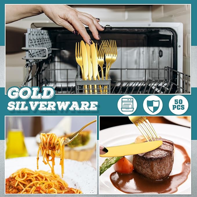 Nuenen 50 Pieces Stainless Steel Forks Silverware Set Dinner Forks and Knives Flatware Tableware Cutlery Set for Kitchen Restaurant(8.07 x 0.94 Inch, 9.06 x 0.79 Inch,Gold)