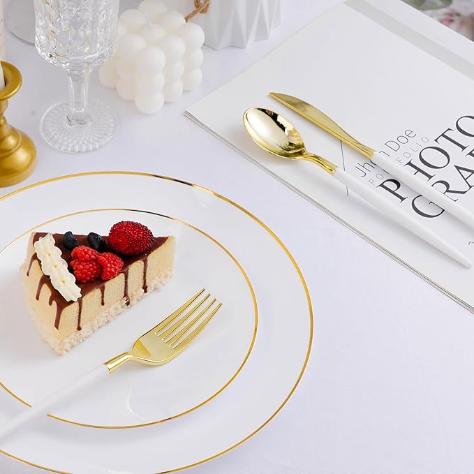 75 PCS White Gold Plastic Utensils for 25 Guests, Gold Disposable Silverware with 25 Knives, 25 Spoons and 25 Forks, BPA Free, Ideal for Weddings, Birthdays & Graduation