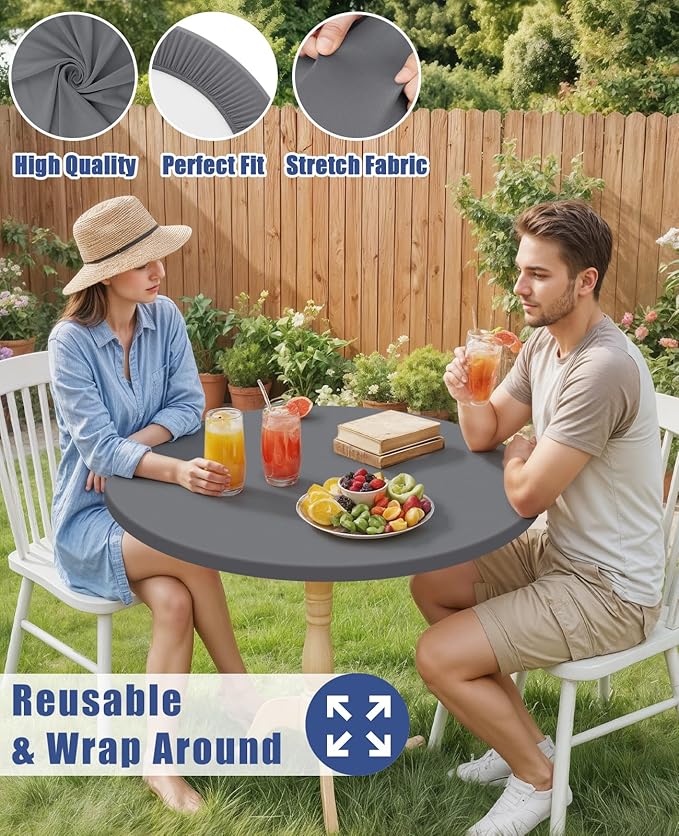 Round Spandex Tablecloth, Elastic Fitted Waterproof Tablecloths for 18"-24" Tables, Stretch Washable Picnic Table Cover for Camping, Dining, Indoor and Outdoor, Grey