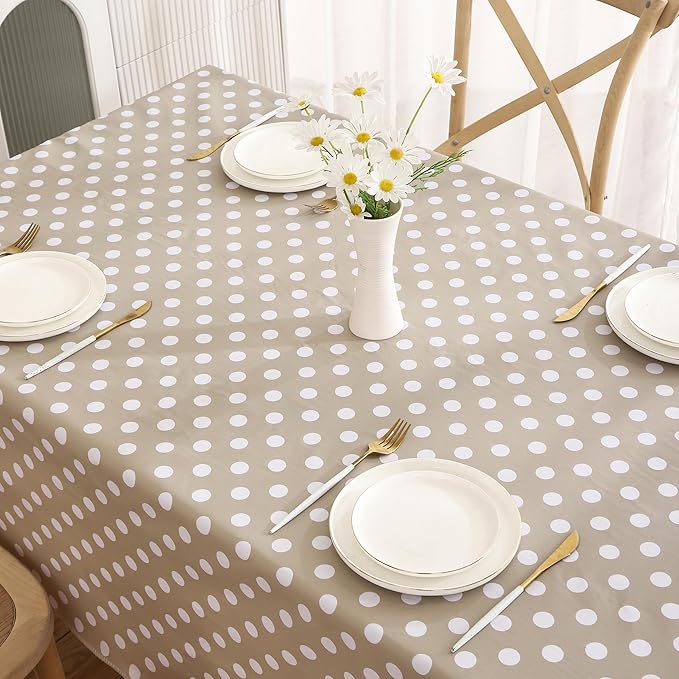 Heavy Duty Vinyl Tablecloth with Flannel Backing Waterproof Oil-Proof Plastic Table Cloth Stain-Resistant Wipeable Rectangle or Square Table Cover for Indoor and Outdoor (White Dots,54x54 Inch)