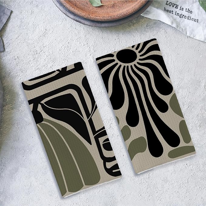 Sage Green Groovy 70s Retro Kitchen Towels Set of 2 - Boho Floral Dish Towels for Kitchen, Boho Hand Towels for Bathroom, Boho Sage Green Bathroom Kitchen Decor, 16x24 Inches