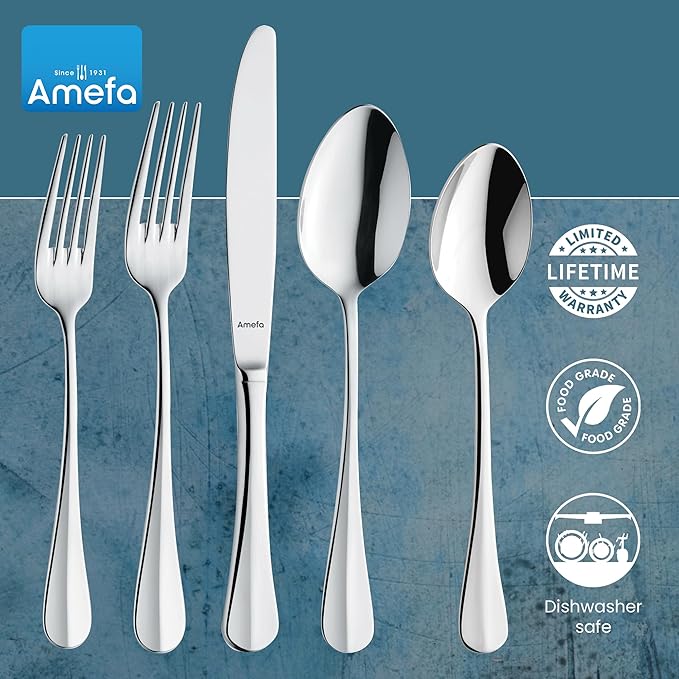 Amefa Baguette 20-Piece Flatware, Set for 4 – Stainless Steel Silverware with High-Gloss Mirror Finish, Rust-Resistant Dishwasher Safe Cutlery with Forks, Knives, Spoons, Salad Forks & Teaspoons