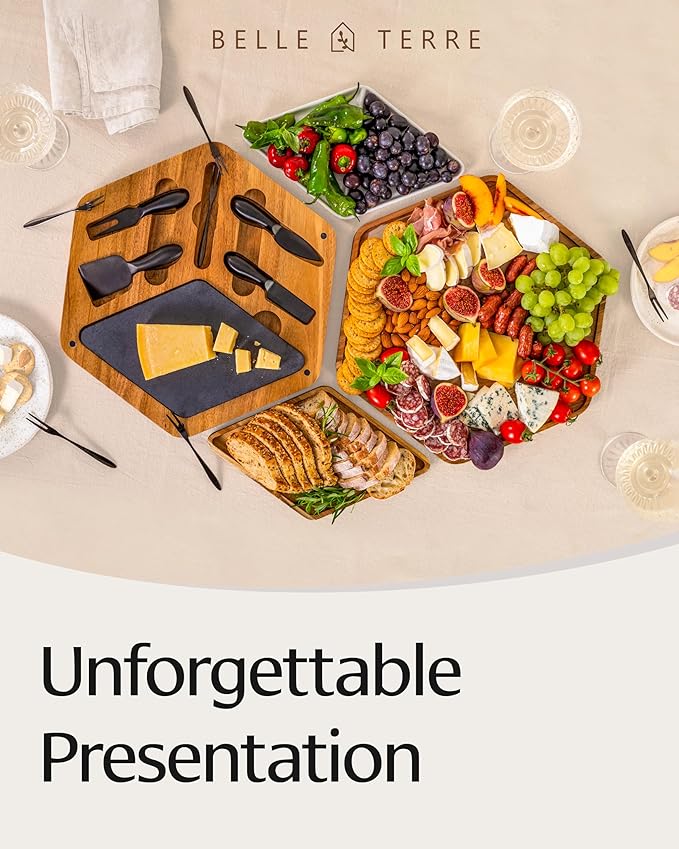 Cheese Board Set - Wood Charcuterie Boards for Serving Cheese, Crackers, Meat, Olives - Serving Board for Gift, Entertaining, & Parties - Wooden Cheese Platter w/Tray, Knives, & Forks