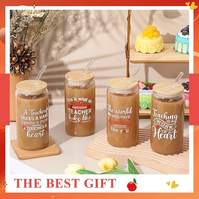 4 Pcs 16 oz Christmas Teacher Gifts for Women Teacher Appreciation Gifts Thank You Coffee Cup Tumbler Drinking Glass Beer Cups with Bamboo Lids Glass Straw Cleaning Brush for Employee Staff(Inspiring)