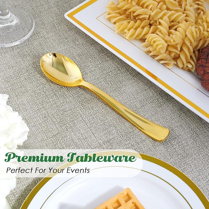 FOCUSLINE 300 Pack 6.8" Disposable Gold Plastic Spoons, Solid and Durable Plastic Cutlery Spoons, Heavy Duty Disposable Utensil Silverware for Catering, Parties, Dinners, Weddings
