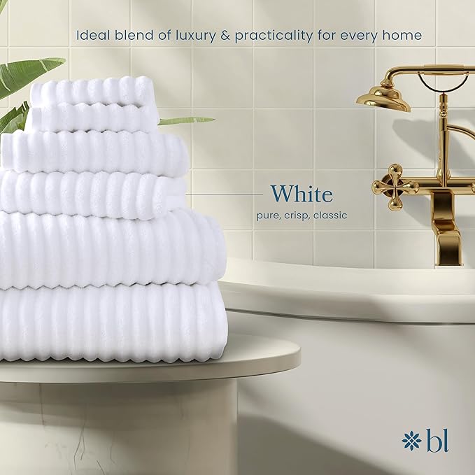 Blue Loom Ribbed Bath Towels Set, 100% Cotton 600GSM, Soft Absorbent Durable 2 Bath Towels, 2 Hand Towels, 2 Wash Cloths for Bathroom - Mason (58" x 30" inch Towels) (White, 6 Piece)