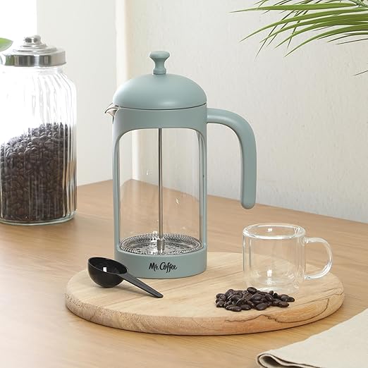 Mr. Coffee Retro Brew French Press Coffee Maker, 31-Ounce Glass Carafe with High Heat Resistant Durable Borasilicate Glass & Teal Frame and Plunger, Includes Coffee Scoop